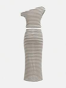 SHEIN Girlism Tween Girls T-Shirt Co-Ords Knit Textured Striped Elegant Casual Asymmetric Shoulder Short Sleeve Lace T-Shirt And Skirt Set - Multicolor - View 2