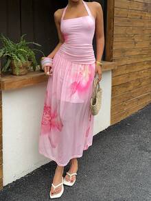 Sunnyshic Women's Pink Gradient Print Chiffon Dress With Spaghetti Strap, Vacation Style, Spring/Summer - Pink - View 3