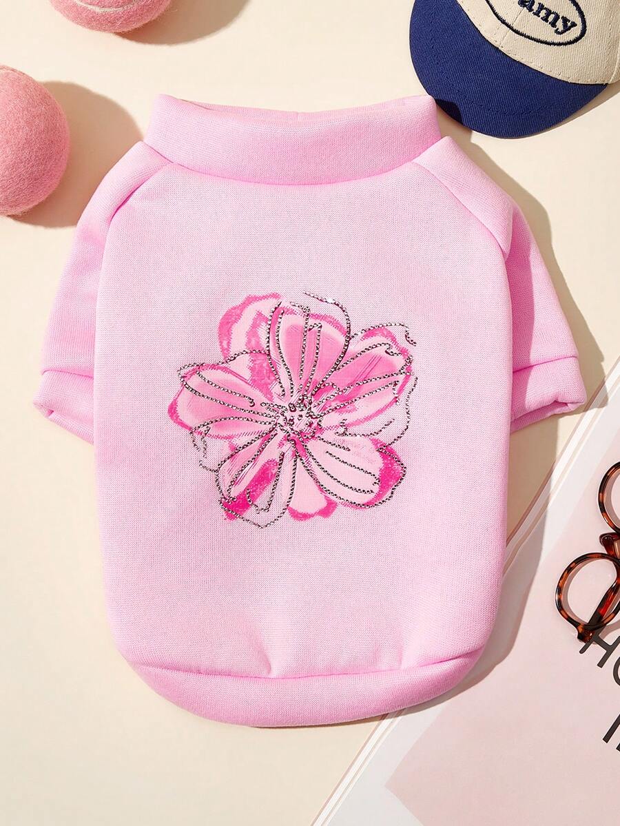 PETSIN 1pc Pink Pet Jumper, Featuring Elegant Pink Flowers Paired With Sparkling Rhinestone Decorations, A Comfortable Style Suitable For Both Cats And Dogs - Pink - View 1
