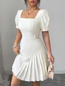 Elenzga Women's Spring/Summer New Arrival Elegant Chic Minimalist Dress, Suitable For Commute, Date, Afternoon Tea, Shallow Peach Petal Sleeve Cinched Waist Pleated A-Line Mini Dress - Apricot - View 6