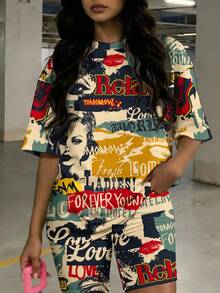 Slaydiva Set de 2 piese casual retro cu imprimeu grafic, mărime mare, potrivit pentru ținute de festival de muzică - Multicolor - Vizualizare 4