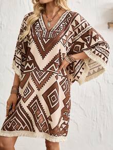 Breezaya 2026 New Spring/Summer Vacation Casual Bohemian Style Loose Batwing Sleeve Straight Silhouette Slightly A-Line Unwaisted V-Neck Fringe Hem And Cuff Design Dress, Available In Apricot, Khaki, And Digital Printed Vacation Dress For Women - Khaki - View 6