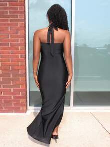 Steph T 女式围脖领口挂脖开衩下摆连衣裙长款女装 - 黑色 - 查看 2