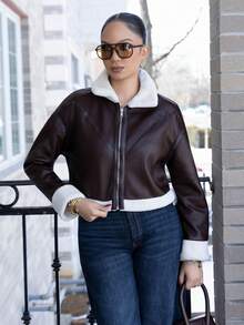 Melissa Matos 女式拉链开合仿毛领 PU 皮夹克，长袖，秋冬 - 咖啡棕 - 查看 4