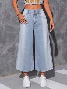 SHEIN ICON Women's Pocketed Wide Leg Loose Casual Versatile Jeans - Light Wash - View 1