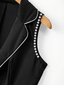 GlowEve Women's Solid Black Sleeveless Blazer With Lapel Collar, White Trim Design, Pearl Button Closure, Waist Pleats, Shoulder Pearl Trim, A-Line Silhouette, Elegant Refined Casual Commute Date Outfit, Spring Summer New - Black - View 4