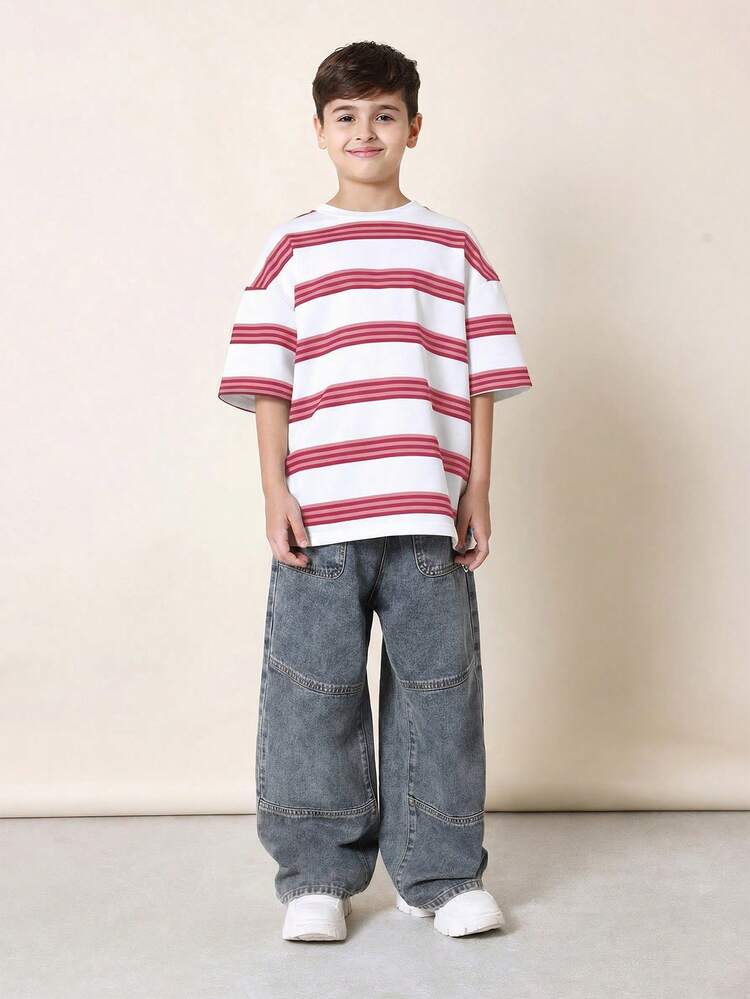 ボーイズ オーバーサイズ ストライプ Tシャツ 半袖 カジュアル ティー 夏 快適 クルーネック トップス