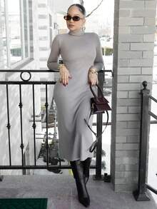 Melissa Matos Women's Solid Color Stand Collar Long Sleeve Side Slit Hem Knitted Dress, Autumn/Winter,Fall,Fall Clothes For Women,Winter Clothes For Women - Camel - View 1