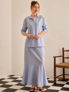 CasuGlow Women's Striped Single-Breasted Long Sleeve Top And Floral Decor A-Line Skirt Suit, Fashionable For Commuting And Outings - Blue and White - View 4