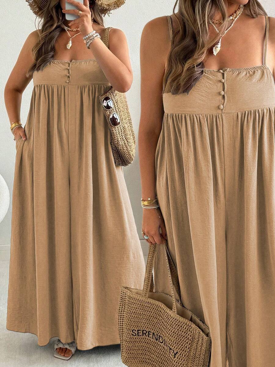 Ceyna 大码女式纯色带口袋休闲度假宽松连体裤 - 卡其色 - 查看 1