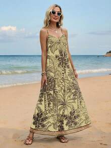 Swim Lushoire 女士夏季沙滩椰树印花V领半透明连衣裙 - 彩色 - 查看 3