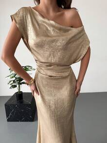 Aloruh New Arrival Spring/Summer Elegant Sexy Party Asymmetric Shoulder Design Ruched Waist Slimming Long Dress, Gold Evening Gown, Wedding Season Dress - Gold - View 5