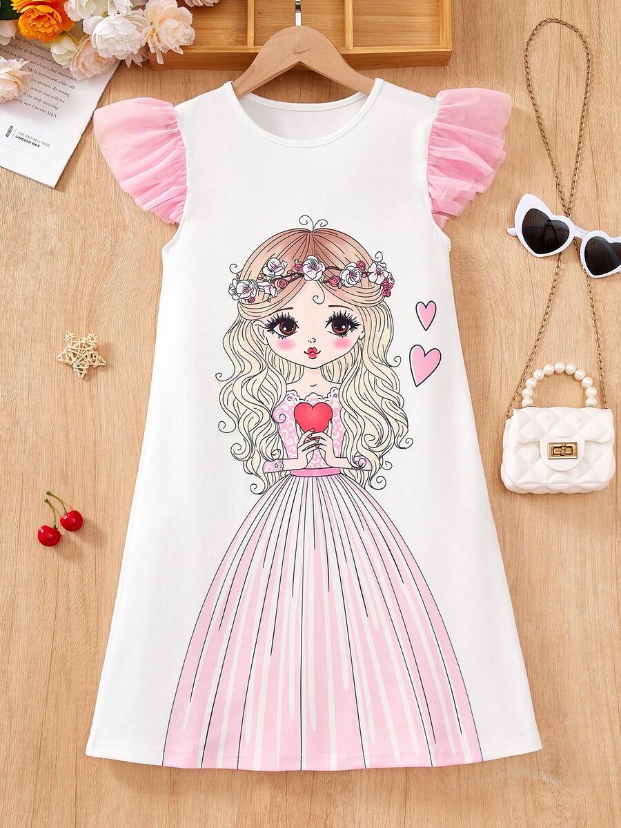Vestido de niña preadolescente con estampado de princesa, mangas abullonadas de malla rosa, silueta evasé, suelto y cómodo, diseño lindo y favorecedor, tela suave, pieza de moda para el verano - Multicolor - Ver 1