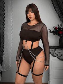 Whyspr Plus Size Chain & Mesh Patchwork Bodysuit - Mocha Brown - View 6