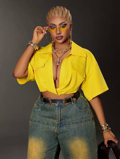 Maweii Plus Size Women's Solid Color Short Sleeve Deep V-Neck Cropped Sexy Blouse