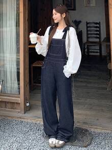FRIFUL Women's Casual Washed Denim Bib Overalls - Black - View 6