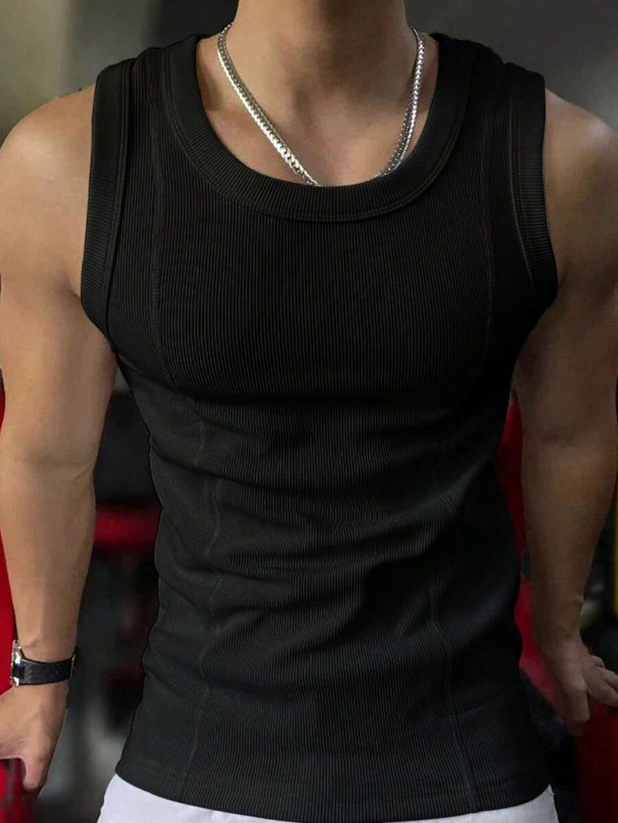 SHEIN Manfinity Dauomo 男士纯色圆领罗纹休闲背心 - 黑色 - 查看 1
