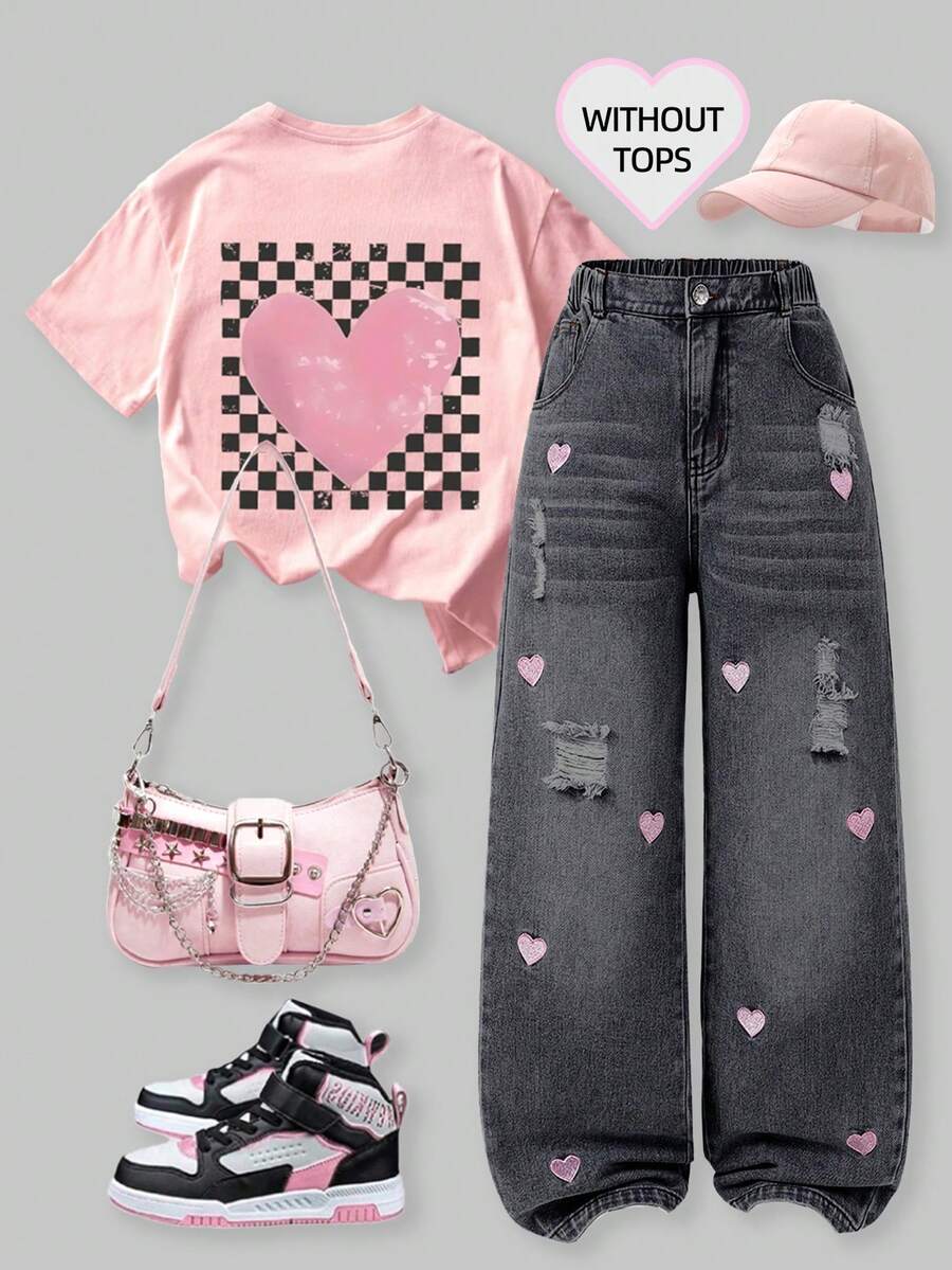 SHEIN ChillGRL Tween Girls 2025秋冬新款时尚阔腿牛仔裤。可爱心形刺绣宽松牛仔裤 - 灰色 - 查看 1