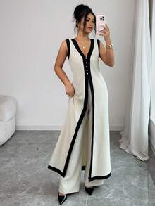 Elenzga 夏季休闲通勤撞色滚边无袖长款上衣和长裤套装 - 杏色 - 查看 1