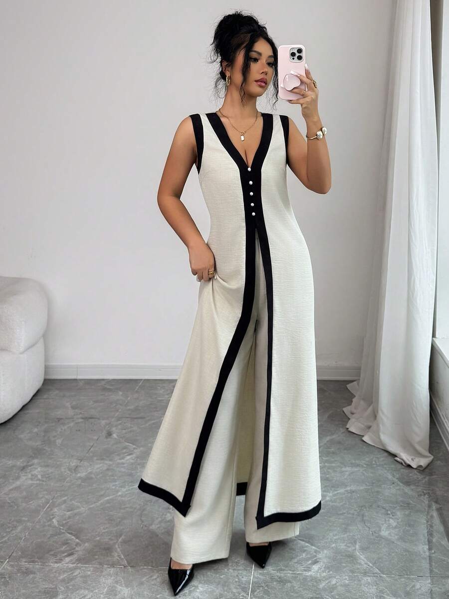 Elenzga 夏季休闲通勤撞色滚边无袖长款上衣和长裤套装 - 杏色 - 查看 1