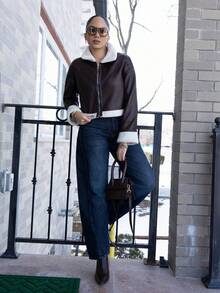 Melissa Matos 女式拉链开合仿毛领 PU 皮夹克，长袖，秋冬 - 咖啡棕 - 查看 3