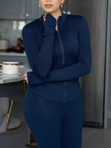 Melissa Matos 2 件套女士海军蓝拉链开衫和针织裤休闲套装、毛衣套装，秋冬 - 寶藍色 - 查看 6