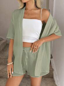 Easowa Bộ áo kimono và quần short dáng rộng, màu trơn, chất liệu vải có họa tiết, thích hợp cho nữ đi nghỉ mát và đi làm. Bộ đồ mặc nhà mùa hè cho nữ, bộ quần short 2 mảnh, bộ đồ thoải mái cho nữ đi nghỉ mát, bộ hai mảnh thoải mái cho nữ. - màu xanh lá - Xem 5