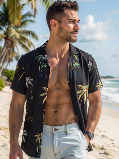 HIMLAND Men's Woven Fashionable Casual Beach Surfing Holiday Leaf Pattern Slim Fit Short Sleeve Shirt Men's Casual Floral Print Button-Front Short Sleeve Shirt Floral Print Casual Breathable Summer Beach Shirt For Casual Vacation Men's Striped Short Sleeve Button-Up Casual Shirt Casual Button Down Shirt With Horse Embroidery Summer Beach Wedding Collarless Blue Striped Top Lightweight Breathable Blue Striped Grandad Shirt Slim Fit Solid Blue Striped Texture Blouse Slim Fit Blue Striped Summer Essential Men's Blue Striped Shirts Out Pattern, For Vacation, Beach For Husband Boyfriend Gift Simple Fashion Commuting