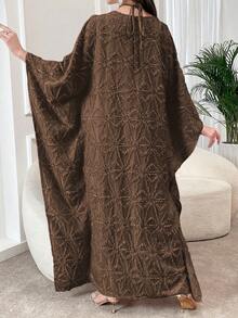 Al Najma Women's Loose Fit Palm Tree Textured Batwing Sleeve Turkish Maxi Dress - Coffee Brown - View 2