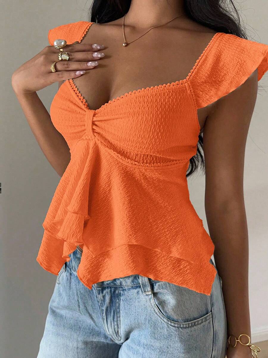 SHEIN EZwear 女士纹理针织荷叶边下摆甜心领短袖优雅T恤,橙色上衣,夏季女士上衣,橙色夏季上衣,夏季休闲上衣,甜心领上衣,女士夏季服装,女士短袖上衣,夏季女士上衣,女士上衣 - 亮橙色 - 查看 1