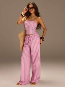Athîral Women's Striped Bandeau Top And Pants Sports Suit - Pink - View 1