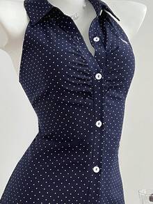 Elamini Đầm ngắn dáng chữ A không tay cổ sơ mi, thắt eo, in họa tiết chấm bi dành cho nữ, thích hợp cho mùa xuân/hè. - Màu xanh hải quân - Xem 3