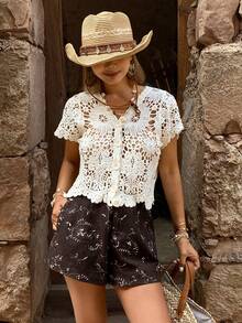 DAZY Hollow Knit V-Neck Short Sleeve Casual Vacation Summer Women Thin Cardigan - Apricot - View 4