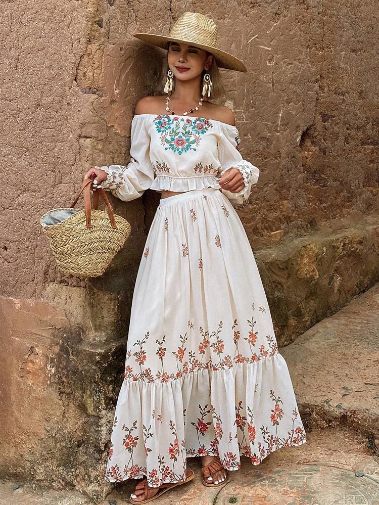 Ditsy Floral Short Off-Shoulder Long Sleeve Shirt & A-Line Long Umbrella Skirt Elegant Summer 2-Piece Set For Women