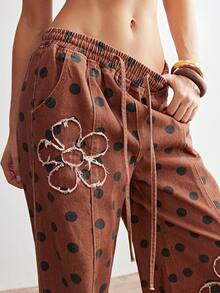 Bohemela 女士休闲舒适 Y2K 波西米亚风音乐节西部乡村复古水洗斜纹牛仔拼接波点宽松阔腿裤 - 卡其色 - 查看 7