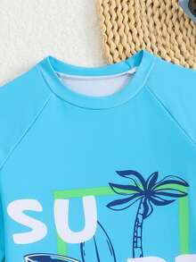 Conjunto de traje de baño para niño, estampado de árbol de coco para deportes y vacaciones - Azul menta - Ver 5
