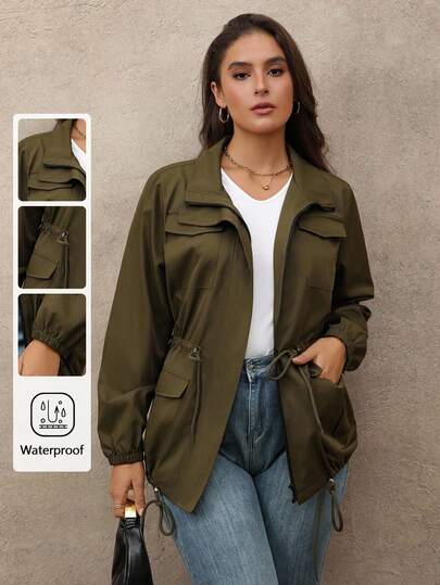Juhart Plus Size Women Casual Green Long Sleeve Adjustable Button Zipper Jacket Winter Fall Autumn