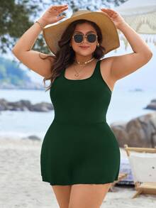 Swim Lushoire Plus Size Women Solid Color Casual Beach Romper Swimsuit - Dark Green - View 5