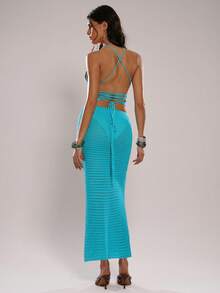 SHEIN BAE 2件/套露背系带浪漫度假女式毛衣 - 藍色 - 查看 2