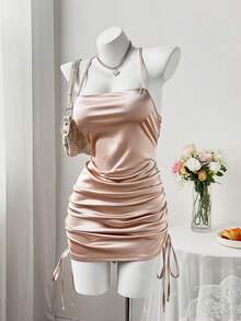 Sweetra New Sexy Backless Spaghetti Strap Bodycon Dress, Waist Cinching Design, Revealing Yet Elegant - Champagne - View 1