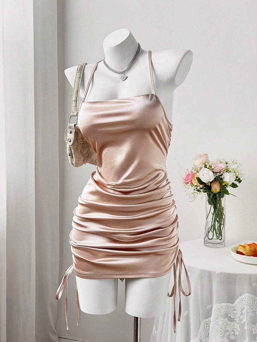 Sweetra New Sexy Backless Spaghetti Strap Bodycon Dress, Waist Cinching Design, Revealing Yet Elegant - Champagne - View 1