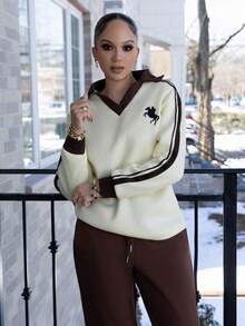 Melissa Matos Women's Autumn/Winter Thermal-Lined Contrast Color Ribbon Embroidered Loose Polo Neck Sweatshirt For Going Out Outfits, Streetwear, Y2K Clothes - Yellow - View 3
