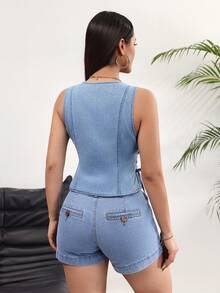 Rivivi 女士夏季休闲交叉无袖牛仔衬衫 - 藍色 - 查看 2