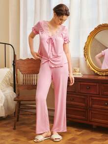 SHEIN 女士蕾丝扭结短袖上衣和裤子休闲家居服睡衣套装 - 粉色 - 查看 3