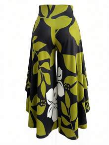 SHEIN LUNE Pantalones de pierna ancha con dobladillo asimétrico y estampado floral de talla grande - Multicolor - Ver 1