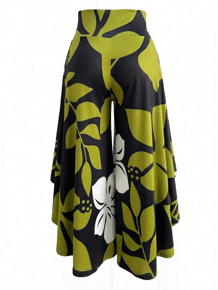 SHEIN LUNE Pantalones de pierna ancha con dobladillo asimétrico y estampado floral de talla grande - Multicolor - Ver 1