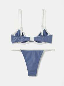 lacRébo 柔蓝色缎面钢圈文胸，饰以白色荷叶边蕾丝，搭配同色系丁字裤，浪漫复古法式巴黎风情内衣套装 - 藍色 - 查看 8