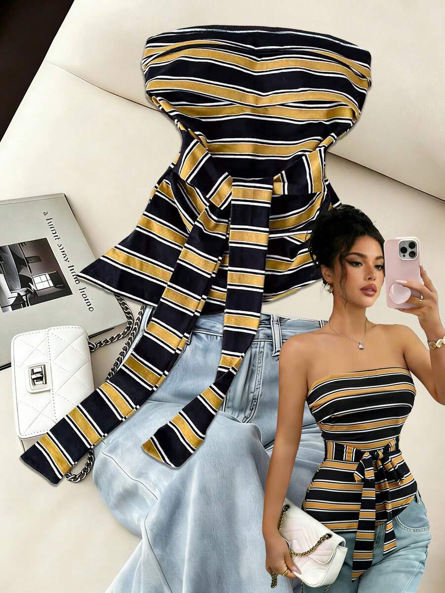 INAWLY Áo hai dây họa tiết sọc tương phản viền bất đối xứng gợi cảm - Nhiều màu - Xem 1