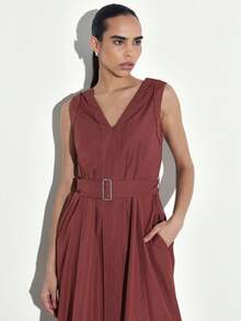 KSTM Women's V-Neck Sleeveless A-Line Midi Dress With Belt Detail And High Low Hem Perfect For Events And Special Occasions - Redwood - View 5