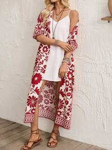 Breezaya 2026 Spring/Summer Vacation Style Casual Fusion Tropical Vibe Loose Fit Design, Featuring Relaxed Unstructured Silhouette, Floral & Retro Print Elements, Cardigan, V-Neck Fitted Dress, 2pcs Set In Red/White, 2pcs Set In Water Retro Print - Red and White - View 8